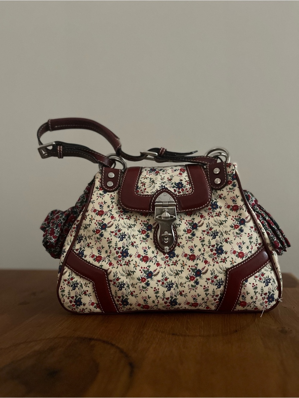 RARE Vintage Vivienne Westwood Liberty Fabric Handbag with Burgundy Trim